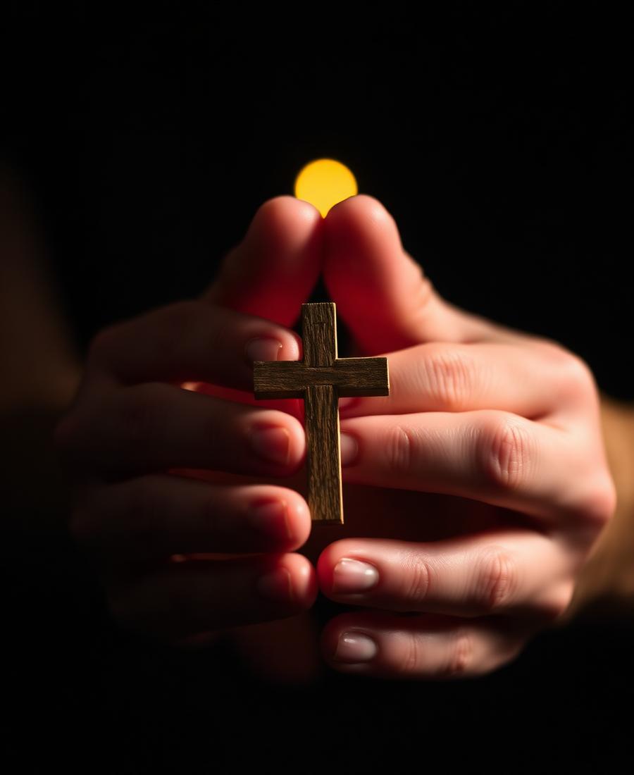 Mãos em oração segurando uma pequena cruz com luz dourada